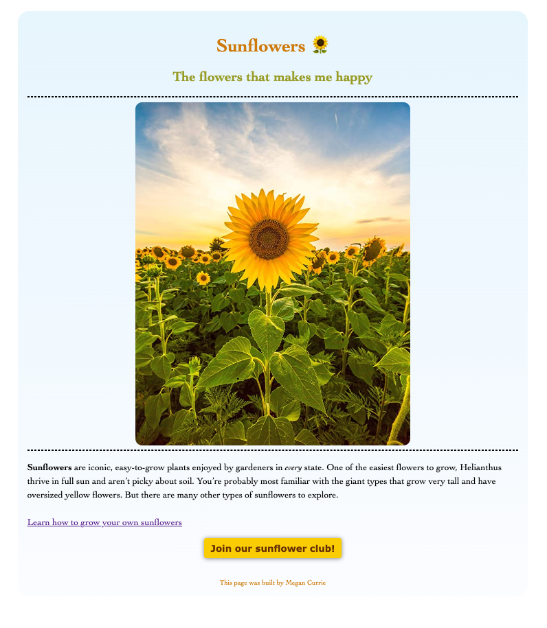 Screenshot of static landing page for Sunflowers project by Megan Currie