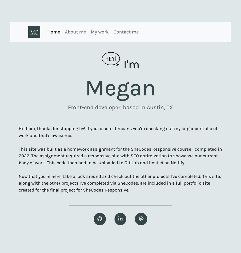 Screenshot of portfolio website created by Megan Currie