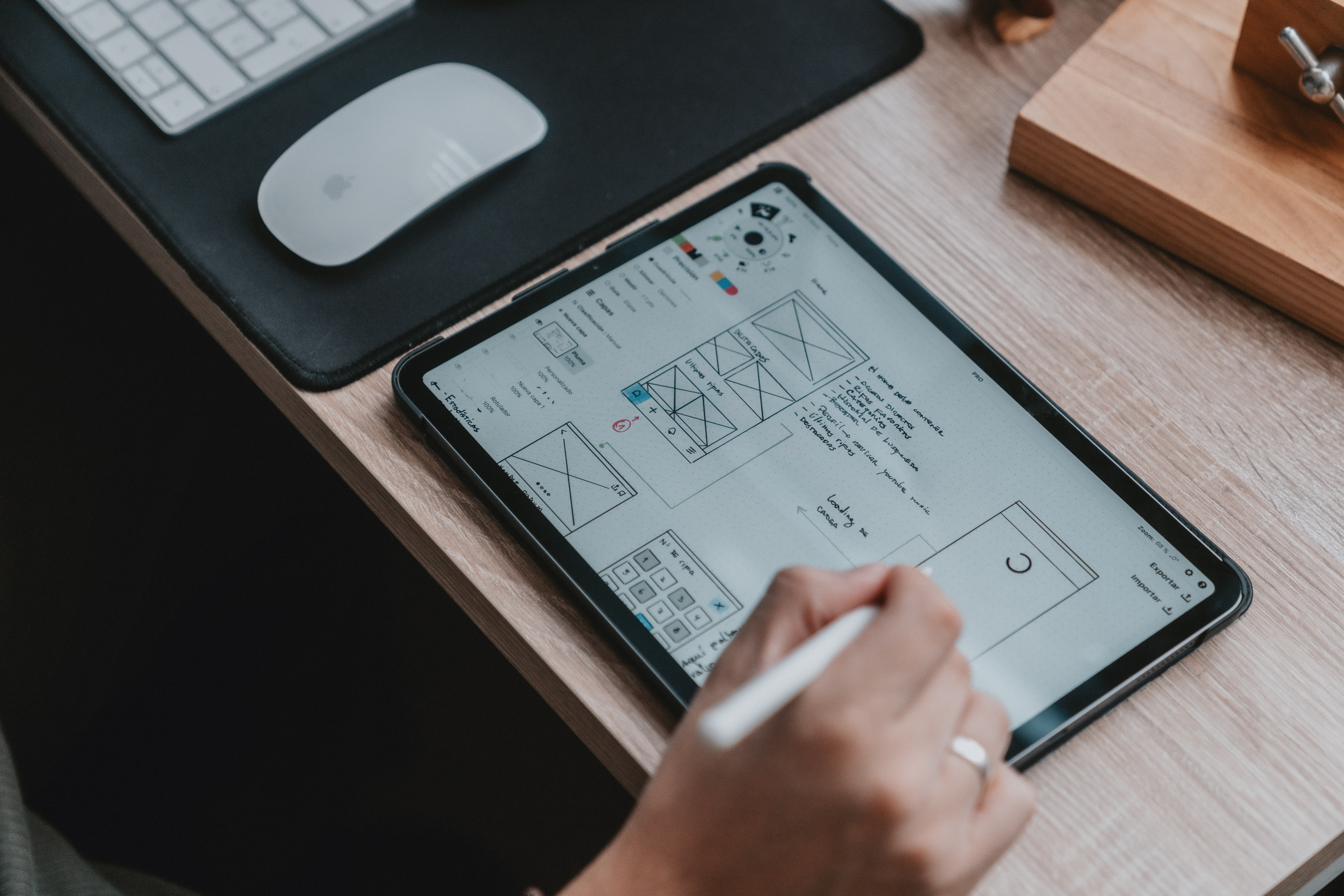 Hand holding a stylus drawing a wireframe on an iPad sitting on a desktop with an apple mouse and keyboard in the background.